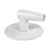 A white plastic pool skimmer adapter with a flat base and a 90-degree angled tube. Produktbild-Vorschau