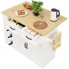A white kitchen island with a wooden countertop, displaying various items like pastries, a plant, a kettle, and bottles of wine. Podgląd zdjęcia produktu