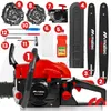 A collection of chainsaw accessories and parts laid out with a chainsaw in the foreground. Produktbild-Vorschau