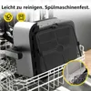 An air fryer basket is shown inside a dishwasher rack, with text indicating it is easy to clean and dishwasher safe. Produktbild-Vorschau
