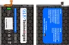 Two views of a lithium-ion battery for a mobile device, with various labels and warnings. Produktbild-Vorschau
