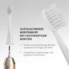 A close-up marketing image showing a toothbrush head and its connection to the handle, with descriptive text highlighting features. Náhled obrázku produktu