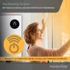 A woman is standing by a window, holding a curtain, with a heating device visible on the left. The image includes marketing text and icons. Produktbild-Vorschau