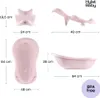 A collage of images showing a pink baby bathtub and a baby bath support with dimensions labeled. Náhľad obrázku produktu
