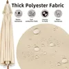 A folded beige umbrella is shown on the left, with a close-up of the fabric on the right, showing water droplets. Text highlights the fabric's features. Produktbild-Vorschau