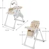Two views of a baby high chair with dimensions indicated by text and lines. Produktbild-Vorschau