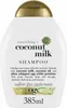 A white bottle of OGX Coconut Milk Shampoo with a gold cap. Náhled obrázku produktu