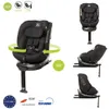A collage of images showing a black car seat from different angles and demonstrating its 360-degree rotation feature. Includes certification logos. Náhľad obrázku produktu
