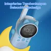A close-up of a children's walkie-talkie with a moon-shaped accessory, set against a starry night sky background. Produktbild-Vorschau