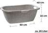 A gray laundry basket with white polka dots is shown with dimensions and capacity indicated by text overlays. Produktbild-Vorschau