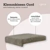 A marketing image showing a corduroy cushion with text highlighting its features. Anteprima dell’immagine prodotto