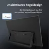 The back of a portable monitor with its stand deployed, showing a diagram and text describing its features. Produktbild-Vorschau
