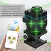 A laser level machine with green laser lines projected, shown with a smartphone app interface for control. Náhled obrázku produktu