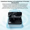 A wireless headset and its charging case are displayed against a light blue and white background with text describing its features. Produktbild-Vorschau