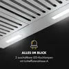 Close-up view of a range hood with LED lights and text overlay describing features. Produktbild-Vorschau