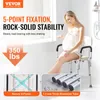 A pregnant woman sitting on a shower chair in a bathroom, with product feature callouts. Podgląd zdjęcia produktu