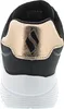The back view of a black sneaker with a gold accent. Voir les images du produit