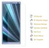 A screen protector is shown applied to a Sony Xperia phone, with a list of features on the right. Produktbild-Vorschau