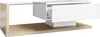 A modern coffee table with a white high-gloss finish and a wood-tone base, featuring a glass top and a drawer. Voir les images du produit
