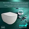 A modern white toilet with water droplets on a teal and green background, highlighting a nano coating feature. Produktbild-Vorschau