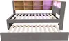 A bed frame with a pull-out trundle bed and a headboard with shelves and LED lighting. Produktbild-Vorschau