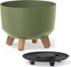A green planter with wooden legs and a black drainage tray. Náhled obrázku produktu
