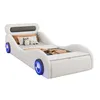 A white car-shaped bed with blue LED wheels and storage compartments. Náhľad obrázku produktu