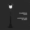 A black classical street lamp is shown against a dark background with marketing text. Produktbild-Vorschau