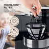 Close-up of a person's hand holding a coffee filter basket over a coffee maker. The background shows a blurred image of a person smiling and holding a coffee mug. Text and icons are overlaid on the image. Produktbild-Vorschau