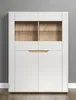A white highboard cabinet with wooden accents against a gray wall and wooden floor. Produktbild-Vorschau
