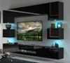 A modern living room entertainment unit with a wall-mounted TV and shelving. Produktbild-Vorschau