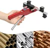 A hand holding a red tube bender with a digital display, and below it, three collages of various metal tubes. Náhled obrázku produktu