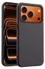 A black phone case is shown in front of a smartphone with an orange-tinted screen. Produktbild-Vorschau