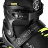 A close-up view of the upper part of a black inline skate, showing the buckle and strap system. Náhled obrázku produktu