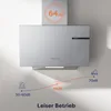A modern kitchen hood is shown mounted on a wall, with graphics illustrating its noise levels. Náhled obrázku produktu