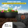 A garden border is shown installed in the ground, separating a flower bed from a lawn. Text overlays describe its function and size. Produktbild-Vorschau
