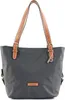 A studio shot of a gray tote bag with brown leather straps.