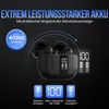 A black charging case with two earbuds inside, displayed against a dark background with marketing text and icons. Produktbild-Vorschau