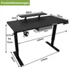 A diagram of a black standing desk with dimensions and features labeled. Produktbild-Vorschau