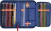 An open blue pencil case filled with colored pencils, a ruler, and a fountain pen. Podgląd zdjęcia produktu