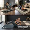 A collage of three images showing a woman running on a treadmill, a woman doing weightlifting, and a woman doing core exercises, all on exercise mats. Produktbild-Vorschau