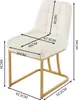 A beige upholstered chair with gold metal legs, shown with dimensions indicated by arrows and text. Produktbild-Vorschau