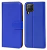 A blue flip case for a smartphone is shown from the front and back. Produktbild-Vorschau