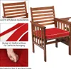 Collage of images showing details of a wooden garden bench with a red cushion. Náhled obrázku produktu