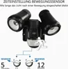 A black LED outdoor wall light with a motion sensor is shown, with diagrams illustrating the time setting for the motion sensor. Produktbild-Vorschau