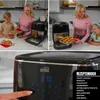 A collage of images showing a family using an air oven, preparing food, and close-ups of the appliance and its control panel. Produktbild-Vorschau