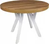 A round wooden table with white legs on a white background.
