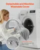 A woman is putting a gray pillow cover into a washing machine. The image highlights the detachable and machine washable cover feature. Podgląd zdjęcia produktu