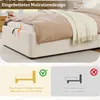 A bed with a mattress and bedding, shown with marketing graphics comparing two design features. Produktbild-Vorschau