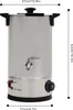 A silver electric wax melter with a black base and control knob, shown from the front with dimensions indicated. Produktbild-Vorschau